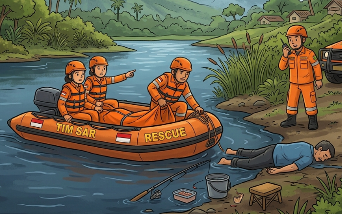 ilustrasi Tim Sar berhasil Temukan Pemancing yang tenggelam di bendungan Batu tegi - AI